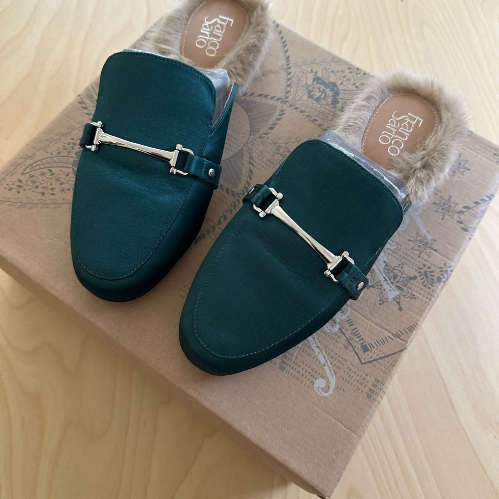 Franco Sarto Satin Horsebit mules with faux fur lining
